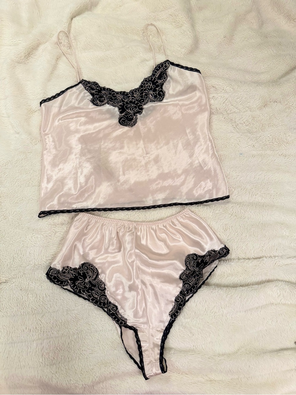Vintage Satin Lace Trim Cami & High-Waist Brief Set - Blush Pink